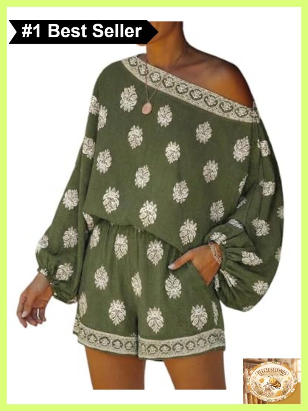 Linen 2 Piece Shorts Set Off Shoulder Lantern Sleeve Vacation Outfit
